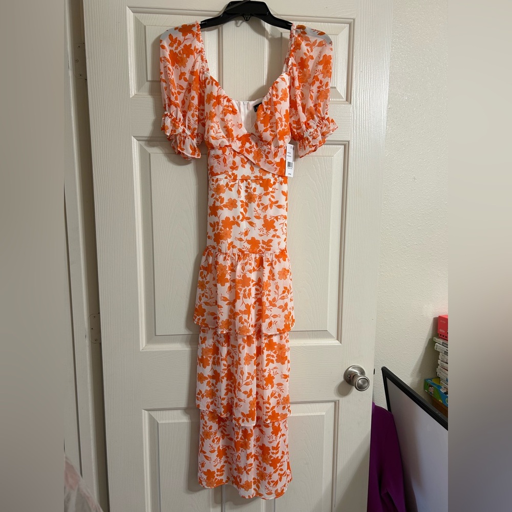 NWT Orange Ruffled Floral Maxi Dress